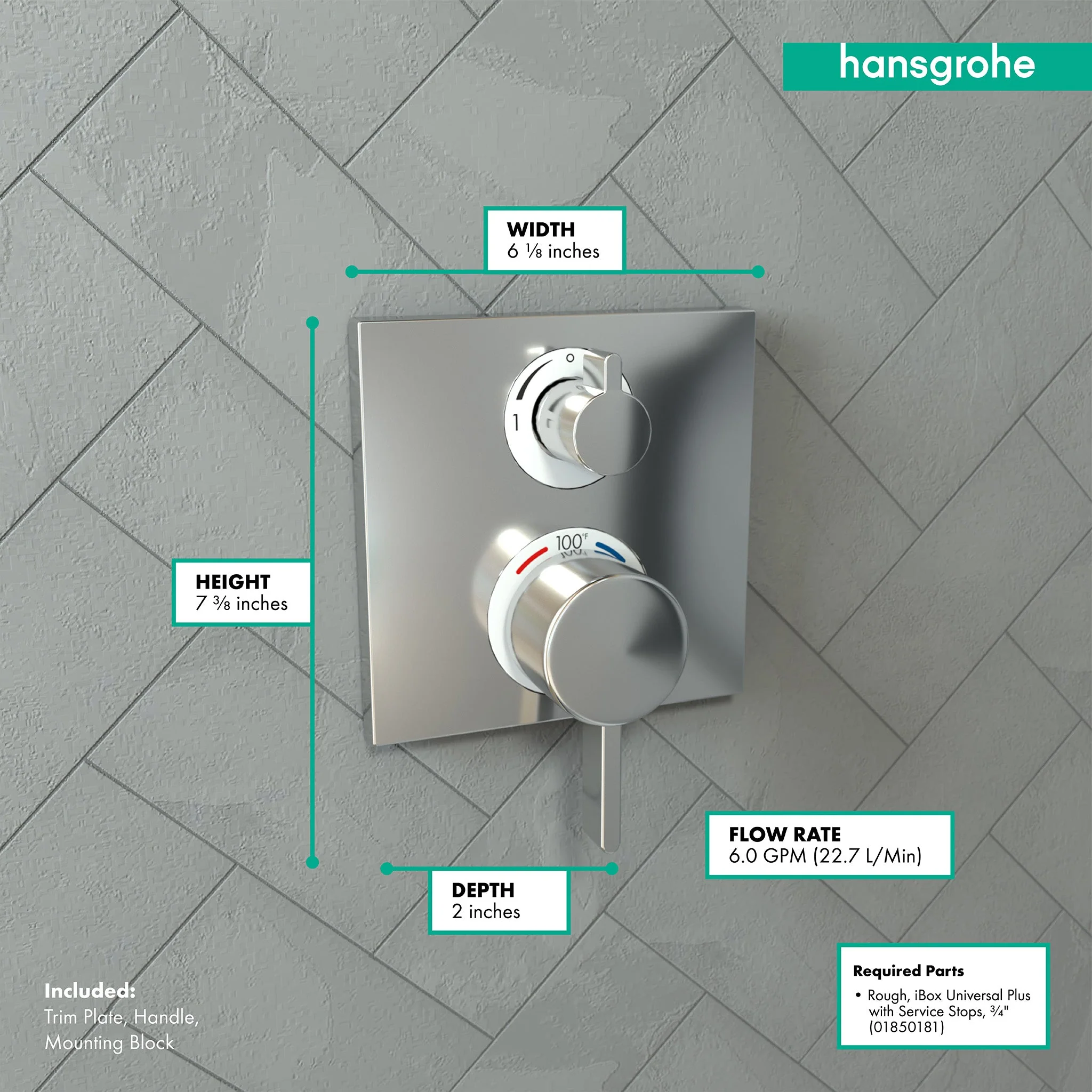 hansgrohe Ecostat Square Thermostatic Trim with Volume Control and Diverter - Image 10