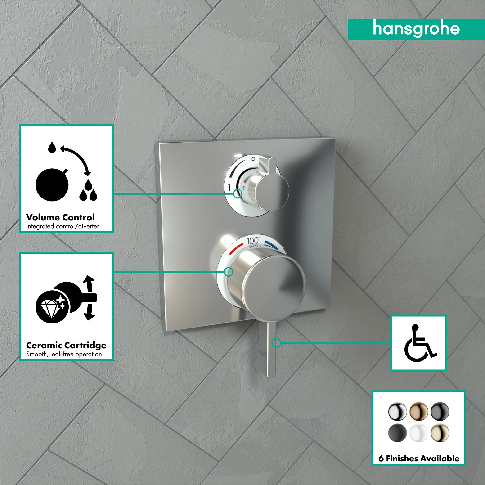 hansgrohe Ecostat Square Thermostatic Trim with Volume Control and Diverter - Image 9