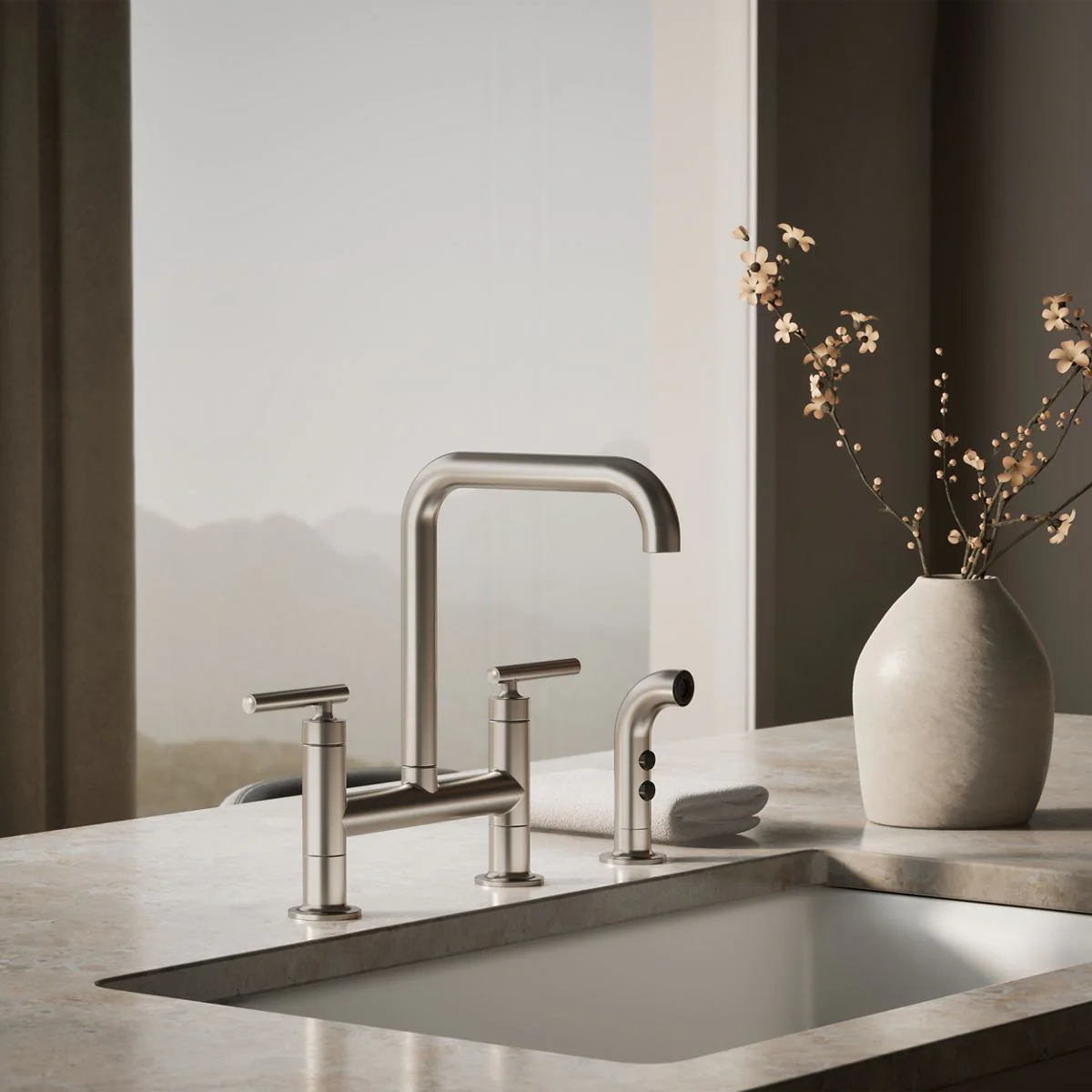 KOHLER K-7548-4 Purist Two-hole bridge kitchen sink faucet with side sprayer - Image 45